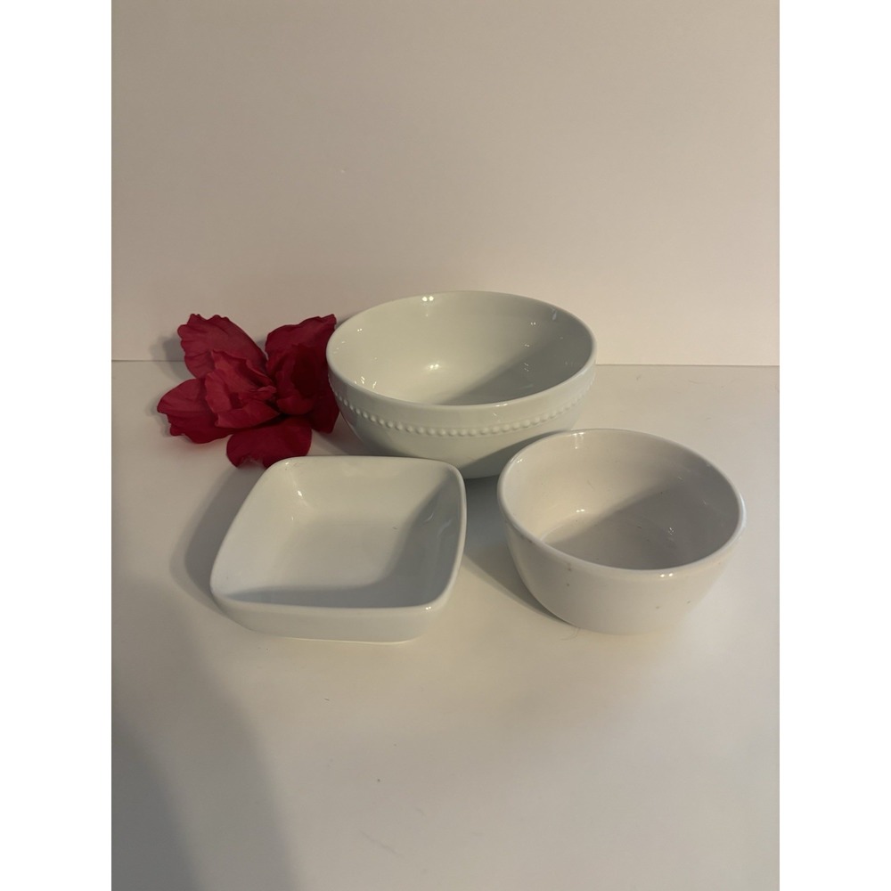 3 Threshold White Porcelain All Purpose Bowls 5.75" Beaded, 4", 3.75" Avesta